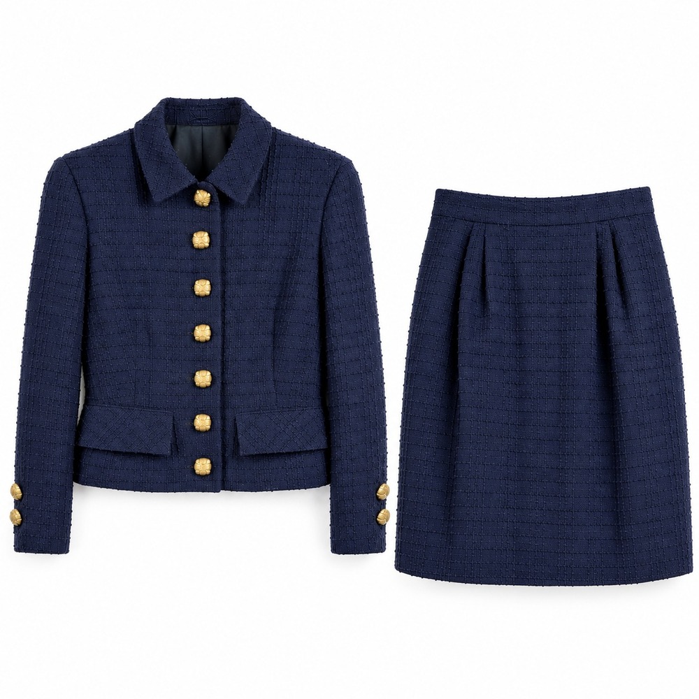 Valentino Boutique Women S Navy Wool Tweed Jacket Skirt Suit Gold Button Vintage